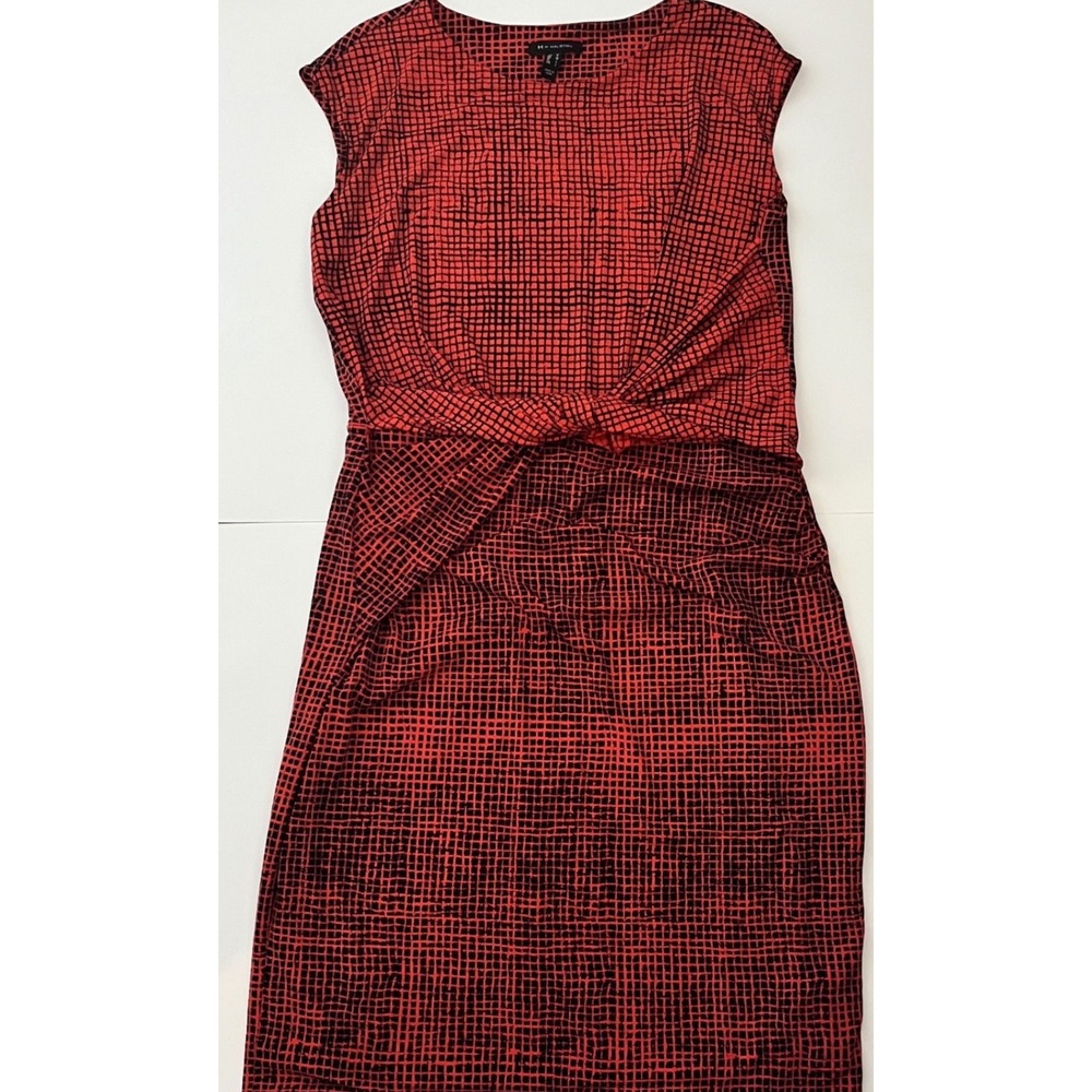 H by Halston Red Black Grid Twist Front Sheath Dress A287142 Womens Medium